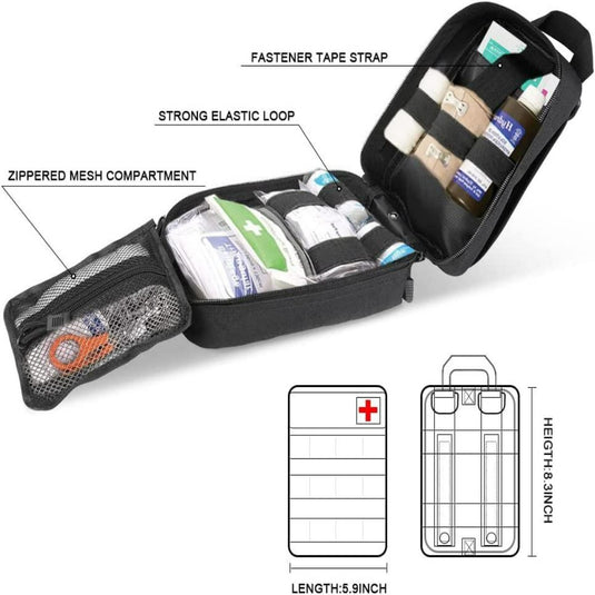 Open de Ontdek de ultieme metgezel voor avonturiers, een zwarte tactische heuptas voor buitenactiviteiten gemaakt van duurzaam 600D nylon, met gelabelde compartimenten met medische benodigdheden zoals verband en zalven. Afmetingen: Lengte 5,9 inch, hoogte 8,3 inch.
