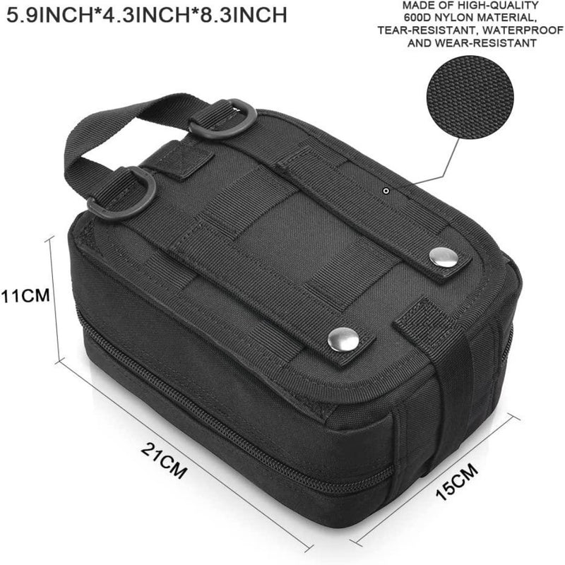 Laad afbeelding in Galerijviewer, Het zwarte tactische etui, &quot;Ontdek de ultieme metgezel voor avonturiers&quot;, meet 21 cm x 15 cm x 11 cm en is voorzien van een MOLLE-systeem met dubbele ritssluitingen. Gemaakt van 600D nylon, het is waterdicht en slijtvast voor duurzaamheid bij buitenactiviteiten.
