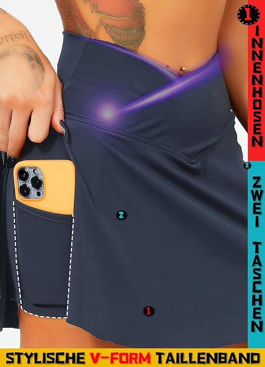 De Tennisrok met broek is een zwarte rok met binnenbroekje, voorzien van praktische zakken. In één zak past een smartphone. De afbeelding benadrukt kenmerken zoals een stijlvolle V-vormige tailleband voor maximale bedekking en ondersteuning, waardoor het de perfecte sportoutfit is voor elke vrouw.