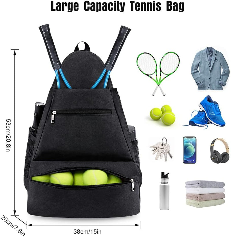 Laad afbeelding in Galerijviewer, Upgrade je tennisgame met onze stijlvolle en functionele zwarte tennistas, grote capaciteit, voorzien over vakken voor rackets, ballen, kleding, schoenen in een speciaal schoenenvakje, telefoon, hoofdtelefoon, fles en sleutels. Gemaakt van duurzaam polyesterweefsel; afmetingen vermeld.
