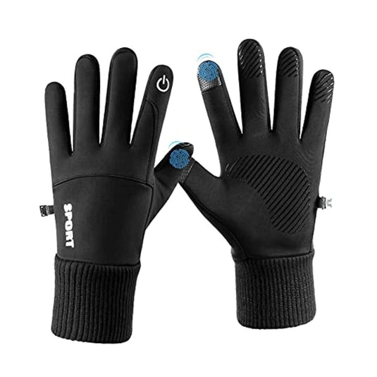 Twee zwarte touchscreen-handschoenen met getextureerde handpalmen, geribde manchetten en 
