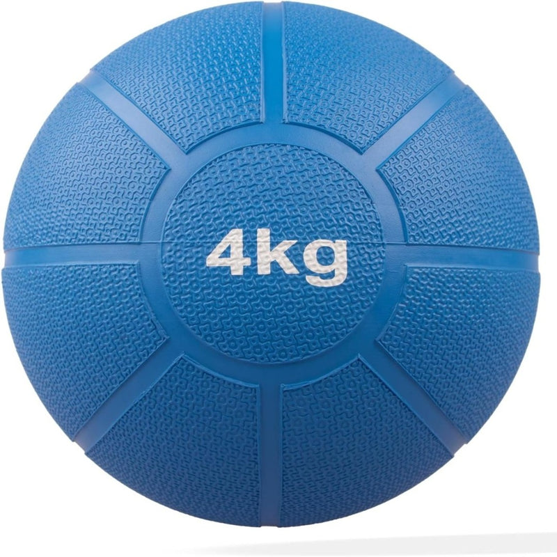Load image into Gallery viewer, Op een blauwe, gestructureerde &quot;Train je lichaam met de medicijnbal&quot; staat de tekst &quot;4kg&quot; in het wit, ideaal voor krachttraining.
