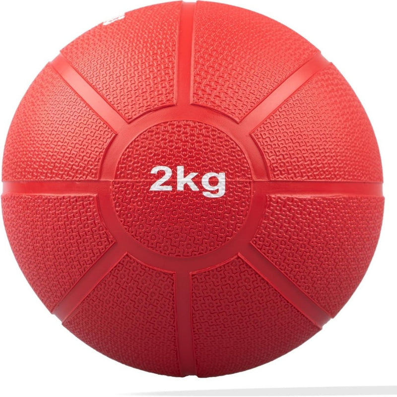 Load image into Gallery viewer, Een rode &quot;Train je lichaam met de medicijnbal&quot; met een gestructureerd oppervlak en &quot;2kg&quot; in het wit op de voorkant, ideaal voor krachttraining.
