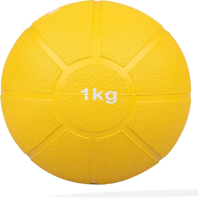 Load image into Gallery viewer, Deze gele medicijnbal van 1 kg, ontworpen voor krachttraining met een gestructureerd oppervlak, kun je van bovenaf bekijken in &quot;Train je lichaam met de medicijnbal.
