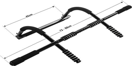 Train thuis met onze optrekstang zonder boren, ideaal voor je bekend. Het beschikt over schuimhandgrepen, een verstelbare breedte van 73-89 cm, een diepte van 45 cm en biedt meerdere gripposities voor diverse oefeningen.