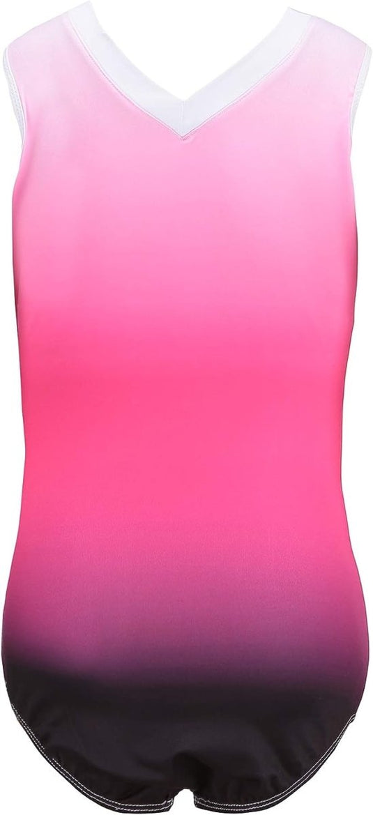 Ontdek dit prachtige mouwloze turnpakje, perfect voor training. Het gradiëntontwerp gaat van wit naar roze naar zwart en biedt stijl en comfort voor jonge atleten die op zoek zijn naar de "Turnpakjes voor meisjes: laat je dochter schitteren op het sportveld.