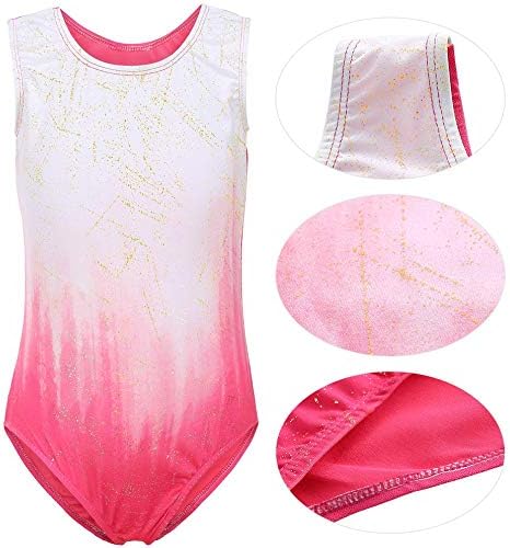 De "Turnpakjes voor meisjes: laat je dochter schitteren op het sportveld" bestaat uit een roze en wit mouwloos turnpakje met een verloopontwerp, gouden spikkels, ingewikkelde stiksels en stoffen details voor comfortabele gymnastiektraining.