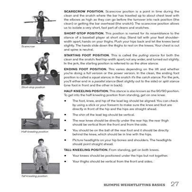 Laad afbeelding in Galerijviewer, Het boek &quot;Ultimate Olympic Weightlifting&quot; beschrijft halterhefposities zoals de vogelverschrikker, korte stop, startende voet, buigende voet, halfknielend en hoog knielend, allemaal met levendige illustraties die essentieel zijn voor effectieve krachttraining.

