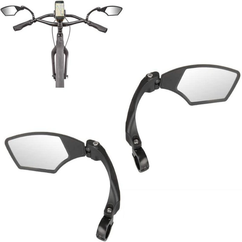 Load image into Gallery viewer, Verhoog de veiligheid met de Verstelbare fietsspiegel set, met fietsstuur met spiegels en een gemonteerde telefoonhouder. Inclusief close-upbeelden van verstelbare zijspiegels, een onmisbare fietsaccessoire.
