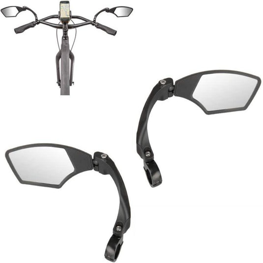 Verhoog de veiligheid met de Verstelbare fietsspiegel set, met fietsstuur met spiegels en een gemonteerde telefoonhouder. Inclusief close-upbeelden van verstelbare zijspiegels, een onmisbare fietsaccessoire.