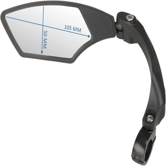 De Verstelbare fietsspiegelset, met zwarte spiegel van 105 mm x 50 mm, een gebogen arm en klem voor veilige montage, verbetering de veiligheid tijdens het fietsen.