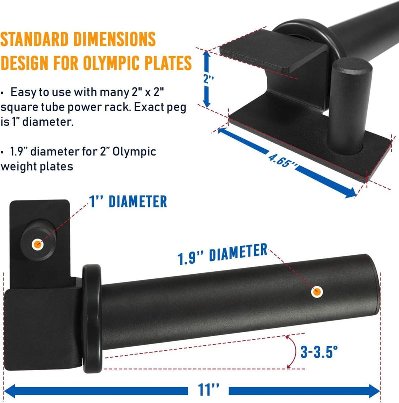 Laad afbeelding in Galerijviewer, Zwarte halterschijfhouder gemaakt van hoogwaardig staal, met een lengte van 23,5 cm, een diameter van 1,5 cm en een houderdiameter van 1,9 inch. Ontworpen voor 2&quot;x2&quot; power racks, hij steekt 3-3,5&quot; uit vanaf de basis voor veilige opslag. Product: Veilige en betrouwbare J-haken voor je power rack.
