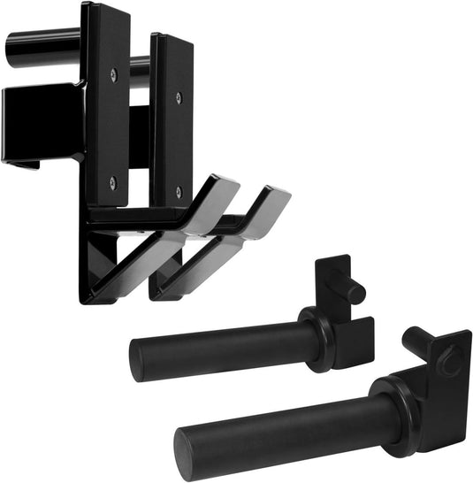 Deze zwarte metalen wandhaken, gemaakt van hoogwaardig staal, zijn perfect voor het organiseren van fitnessapparatuur. Ideale metgezellen voor een power rack, ze bieden robuuste ondersteuning in stijl en zijn verkrijgbaar als "Veilige en betrouwbare J-haken voor je power rack.