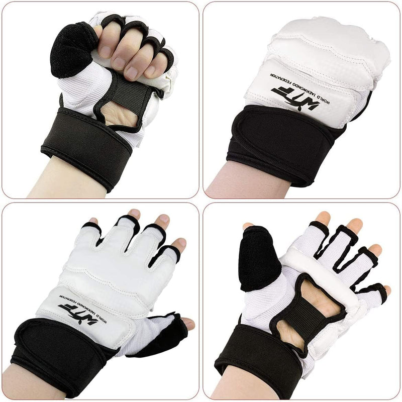 Laad afbeelding in Galerijviewer, Vier afbeeldingen tonen taekwondo bokshandschoenen, witte vingerloze bokshandschoenen voor het verbeteren van vechtsportvaardigheden. Gemaakt van slijtvast PU-materiaal met zwarte accenten en verstelbare banden, de handschoenen worden op verschillende posities op de handen getoond.

