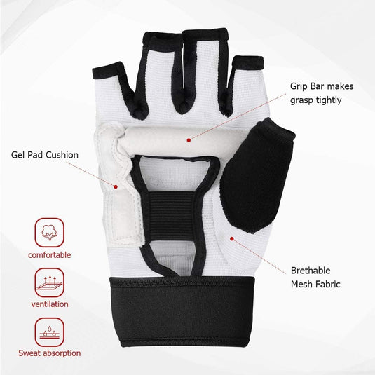 Verbeter je vechtsportvaardigheden met Verbeter je boksvaardigheden met deze taekwondo bokshandschoenen. Deze vingerloze handschoenen hebben een gripstang, gelpadkussen, ademende meshstof en slijtvast PU-materiaal voor comfort, prestaties, uitstekende ventilatie en zweetabsorptie.