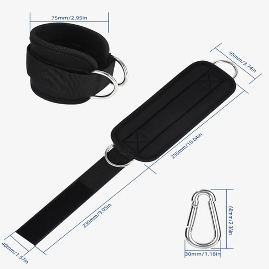 De "Versterk je been en billen" voetlustrainer heeft een zwarte verstelbare enkelband van hoogwaardig materiaal, met metalen D-ringen, een gevoerde binnenkant en een bevestigde karabijnhaak. Het bevat meetlabels voor nauwkeurige been- en billentraining.