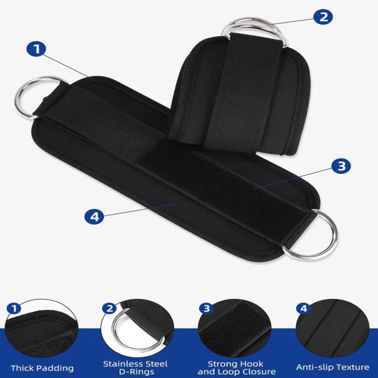 De "Versterk je been en billen met de foot loop exerciser" is een paar zwarte, gevoerde enkelbanden met roestvrijstalen D-ringen. De band is dik gevoerd, heeft een antislipstructuur en sterke klittenbandsluitingen, gemaakt van hoogwaardige materialen.