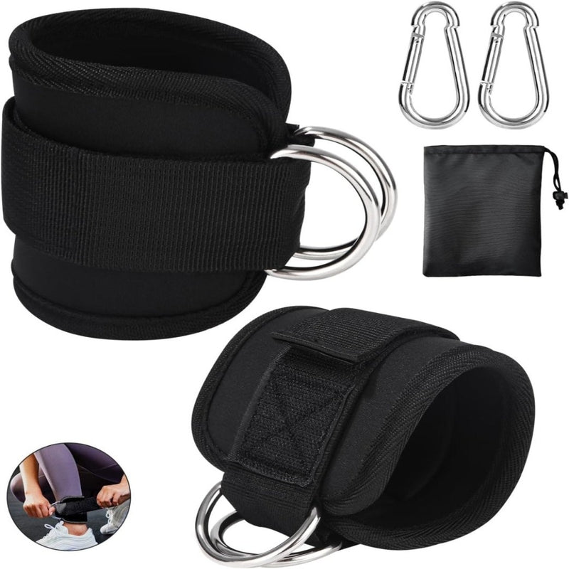 Laad afbeelding in Galerijviewer, De &quot;Versterk je been en billen met de foot loop exerciser&quot; bevat zwarte enkelbanden van hoogwaardige materialen, metalen ringen, twee karabijnhaken voor een stevige grip en een klein zwart trekkoordtasje. Inzet toont de foot loop exerciser in actie, ontworpen om uw fitnesservaring te verbeteren.
