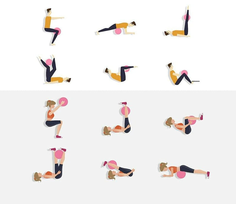 Load image into Gallery viewer, Illustratie van negen oefeningen met de oefening &quot;Versterk je core en verbeter je balans met onze pilates bal&quot;. Deze oefeningen tonen verschillende houdingen voor het versterken, strekken en verbeteren van de core en het evenwicht.
