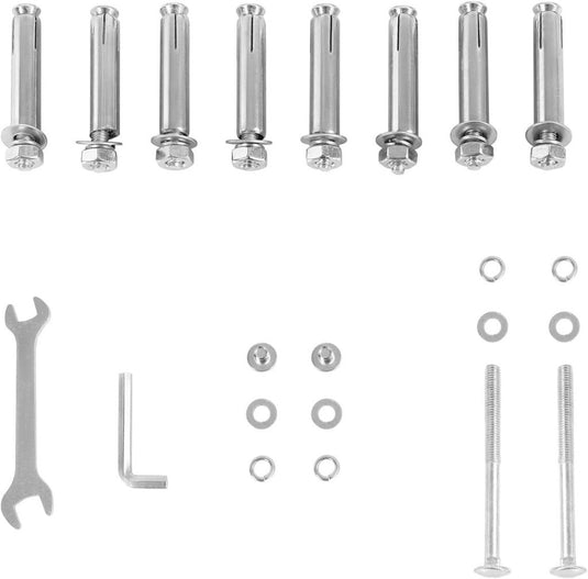 Set metalen muurankers, bouten, moeren, ringen, een inbussleutel en een steeksleutel op een witte achtergrond: ideaal gereedschap voor het installeren van "Versterk je lichaam met de wandgemonteerde optrekstang!" om uw thuisfitnesservaring te verbeteren.