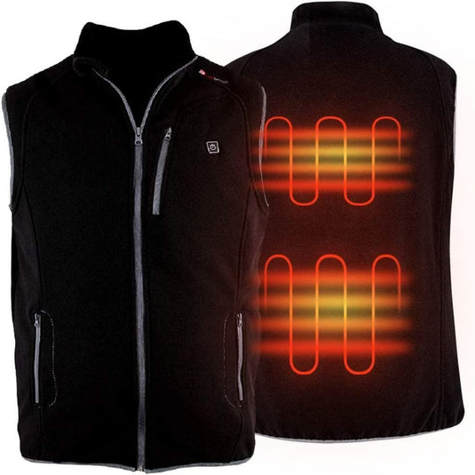 Het "Verwarmd vest met USB-batterij: Warm en comfortabel, waar je ook gebogen" is voorzien van een ritssluiting aan de voorkant en zakken, met gloeiende rode warmtezones aan de achterkant. Het biedt meerdere verwarmingsniveaus voor aanpasbaar comfort.