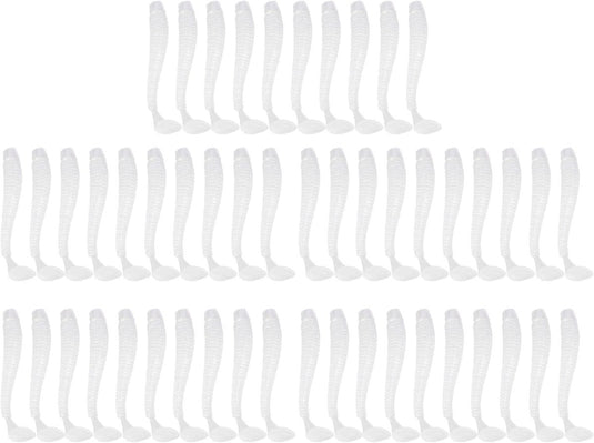 Een bovenaanzicht van 88 identieke witte plastic krullende haarelastiekjes, met een T-staartontwerp, gerangschikt in een rasterpatroon op een witte achtergrond, heeft geen directe relatie met de verstrekte productgegevens over softbait. Kunt u verduidelijken hoe u wilt dat deze elementen worden gecombineerd of herschreven?.