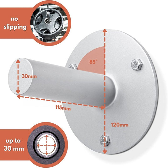 Metalen fietsendragerhaak voor aan de muur met een ruimtebesparende basis van 120 mm en een arm van 115 mm, anti-slipfunctie, geschikt voor banden tot 30 mm breed en heeft een tijdloos ontwerp.
