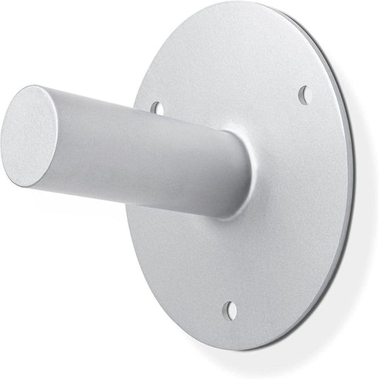 Een tijdloos ontwerp: een ruimtebesparende metalen muurbeugel met cilindrische arm en ronde basis met vier schroefgaten.