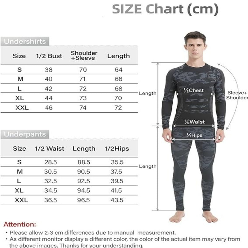 Laad afbeelding in Galerijviewer, Maattabel voor &quot;Warm, comfortabel en flexibel thermo ondergoed voor heren&quot; in camo patroon met bamboekoolstofvezel. Toont centimetermaten voor ondershirts en onderbroeken met een model dat mouw-, borst-, taille- en heupgebieden benadrukt. Vochtafvoerende eigenschappen zorgen voor comfort de hele dag lang.

