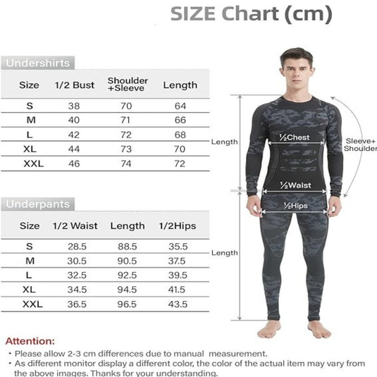 Maattabel voor "Warm, comfortabel en flexibel thermo ondergoed voor heren" in camo patroon met bamboekoolstofvezel. Toont centimetermaten voor ondershirts en onderbroeken met een model dat mouw-, borst-, taille- en heupgebieden benadrukt. Vochtafvoerende eigenschappen zorgen voor comfort de hele dag lang.