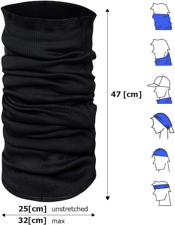 Laad afbeelding in Galerijviewer, De &quot;Trotseer de kou met onze universele colsjaal: warmte en comfort in één!&quot; zwarte nekbeschermer, gemaakt van Warm Guard-materiaal, is 47 cm hoog en strekt zich uit van 25 cm tot 32 cm breed. Illustraties aan de zijkant tonen de multifunctionele stijl voor veelzijdig gebruik als colsjaal en meer.
