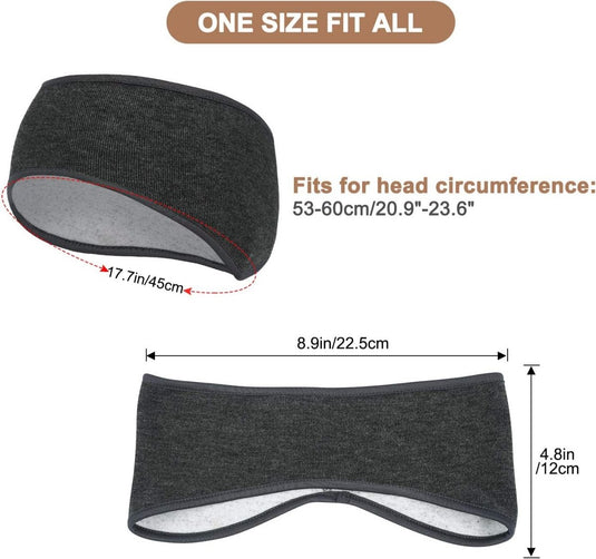 Twee grijze hoofdbanden gemaakt van zacht fleece: diameter bovenkant 45 cm, lengte zijkant 22,5 cm, breedte 12 cm; ademend en past op een hoofdomtrek van 53-60 cm - perfect als "warme en comfortabele wintersporthoofdband: bescherm je oren en geniet van de kou!.