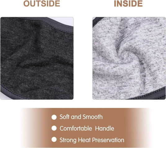 Close-up van twee stoffen texturen, buiten en binnen: buitenkant is donker en geribbeld; binnenkant is lichte zachte fleece. Tekst luidt: "Warme en comfortabele wintersporthoofdband—Soft/ Smooth, Comfortable Handle, Strong Heat Preservation.