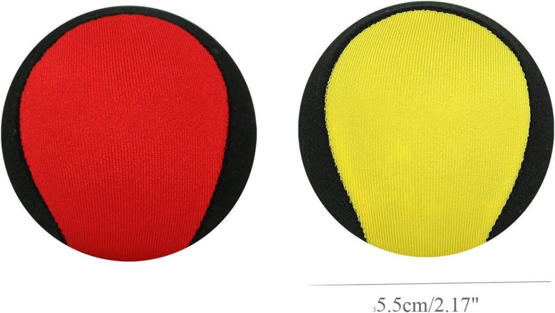 Laad afbeelding in Galerijviewer, Twee bolvormige voorwerpen, die op Waterballen lijken: een waterpret voor het hele gezin, liggen naast elkaar; één rood met een zwarte rand en de andere geel met een zwarte rand. Ze hebben elk een diameter van 5,5 cm (2,17 inch), perfect voor speelse kinderen bij het zwembad!.
