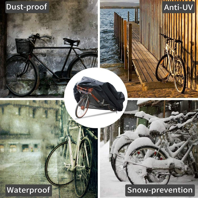 Laad afbeelding in Galerijviewer, Quad-afbeelding van een veelzijdige fietshoes in stoffige, UV-, natte en besneeuwde omstandigheden; beschikt over stofdichte, anti-UV, waterdichte (waterdichte fietshoes) en sneeuwwerende eigenschappen. Inclusief handige sleufgaten voor extra veiligheid. Product: Bescherm je waardevolle fiets tegen alle weersomstandigheden!.
