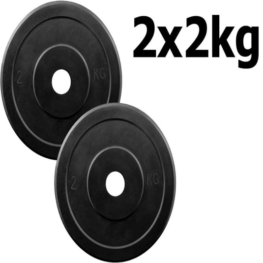 Er worden twee zwarte gietijzeren, met rubber beklede gewichten getoond, elk gemarkeerd met 2 kg. De woorden "2x2kg" verschijnen vetgedrukt aan de rechterkant.