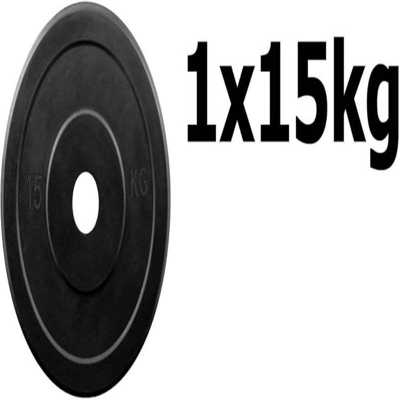 Load image into Gallery viewer, Naast de tekst &quot;1x15kg&quot; staat een zwarte gewichtsschijf van rubber en gietijzer afgebeeld, gemaakt van &quot;15 KG&quot;. Deze schijf is bedoeld voor spiertraining thuis of in de sportschool.
