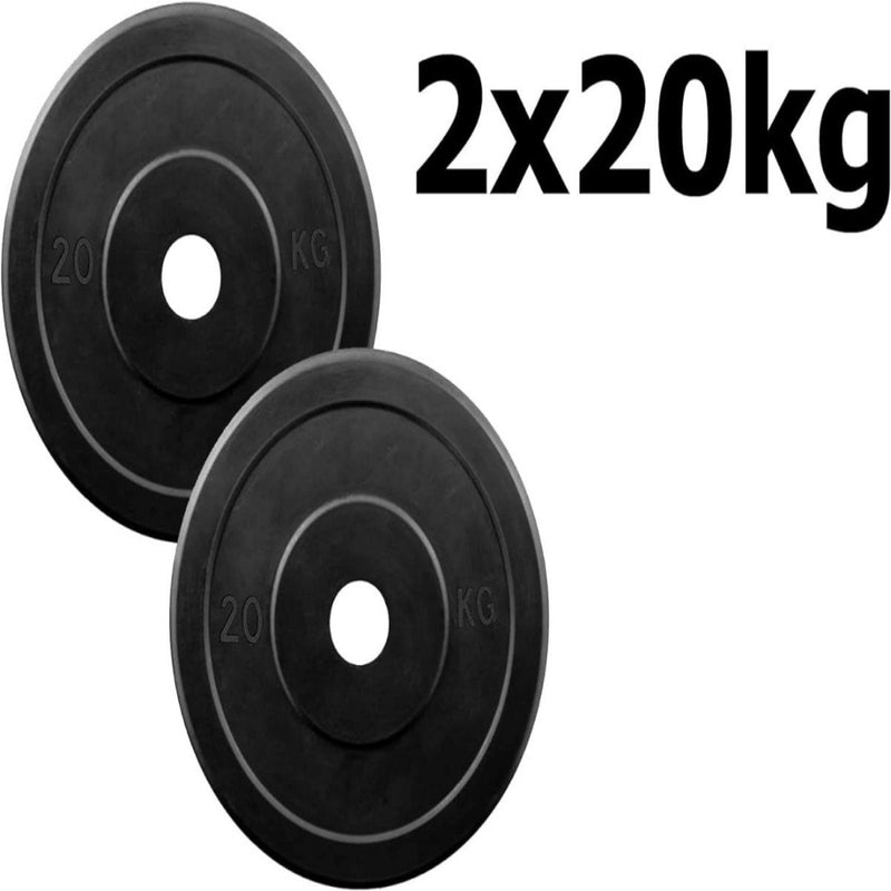 Load image into Gallery viewer, Twee multifunctionele zwarte &quot;Wil jij thuis of in de sportschool je spieren trainen?&quot; Halterschijven, elk gemarkeerd met &quot;20kg&quot;, worden naast een label &quot;2x20kg&quot; geplaatst, vervaardigd uit hoogwaardige materialen.
