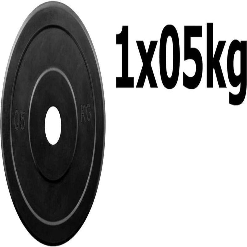 Load image into Gallery viewer, Een zwarte gewichtsschijf van 0,5 kg, gemaakt van hoogwaardige materialen, met de opvallende tekst &quot;1x05kg&quot; op een witte achtergrond; ideaal voor het trainen van uw spieren thuis of in de sportschool.

