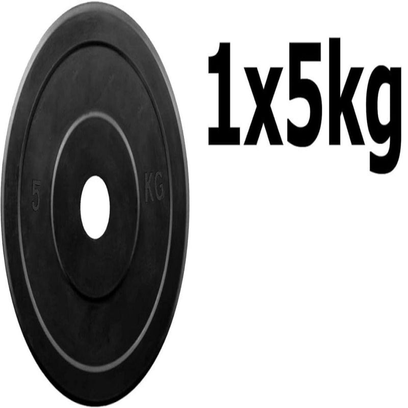 Load image into Gallery viewer, Op een witte achtergrond is een zwarte halterschijf van 5 kg, gemaakt van hoogwaardige materialen, afgebeeld. Er staat &quot;5 kg&quot; op geschreven, met de tekst &quot;1x5kg&quot; ernaast. Het product heet &quot;Wil jij thuis of in de sportschool je spieren trainen?.
