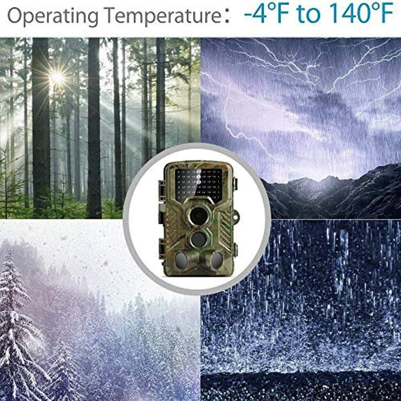 Load image into Gallery viewer, De Krachtige wildcamera wordt getoond tegen vier buitenscènes: zonnig bos, onweer, besneeuwde bossen en zware regen. Uitgerust met infraroodfotografie, legt het verbluffende beelden vast binnen een bedrijfstemperatuurbereik van -4°F tot 140°F.
