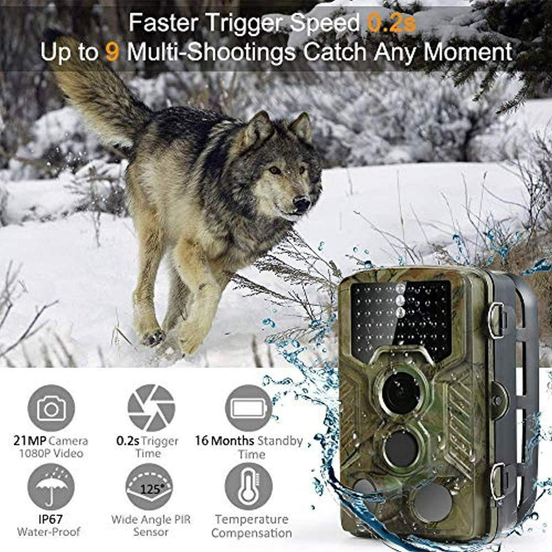 Load image into Gallery viewer, Een wolf stapt door een besneeuwd bos, vastgelegd door de Krachtige wildcamera op de voorgrond. Het beschikt over een 21MP camera, 0,2s triggertijd, waterdicht ontwerp, groothoek PIR-sensor en een indrukwekkende 16 maanden stand-by voor superieure infraroodfotografie.
