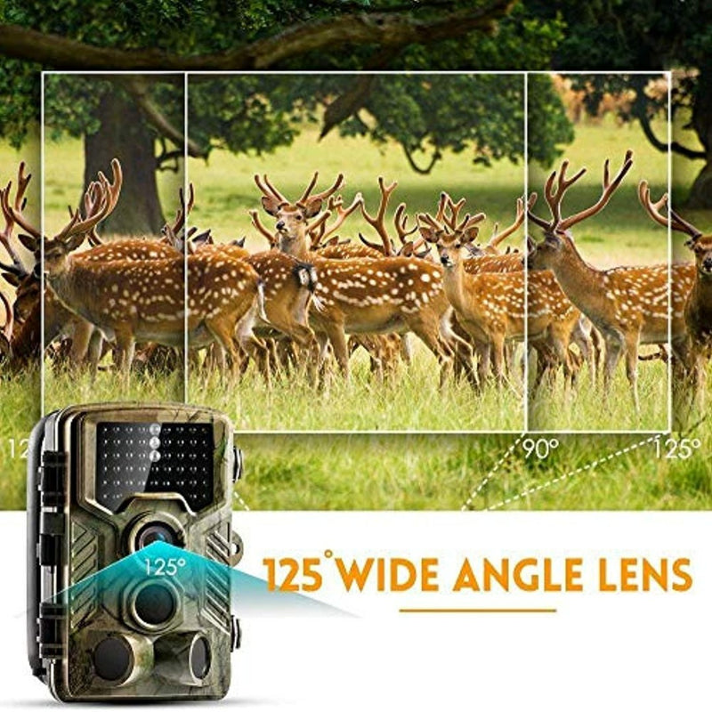 Load image into Gallery viewer, De &quot;Krachtige wildcamera: vang al het wilde leven in beeld&quot; met zijn 125 graden groothoeklens maakt prachtige infraroodbeelden van een groep herten met gewei in een grasveld.
