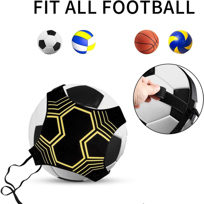 Load image into Gallery viewer, Een trainingshulpmiddel met verstelbare band voor balsporten met een hand op een bal, met afbeeldingen van voetbal, volleybal en basketbal. Tekst: &quot;Fit All Football.&quot; Ideaal om je vaardigheden te verbeteren. Product: Word een betere voetballer met de voetbal kick trainer.
