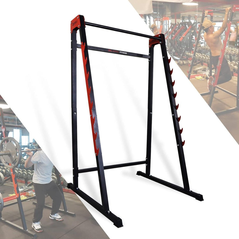 Load image into Gallery viewer, Het squatrek, bekend als &quot;Word een krachtige krachtpatser met dit squatrek!&quot;, heeft een opvallend zwart en rood ontwerp tegen een witte achtergrond in een levendige sportschoolscène vol mensen die aan krachttraining doen.
