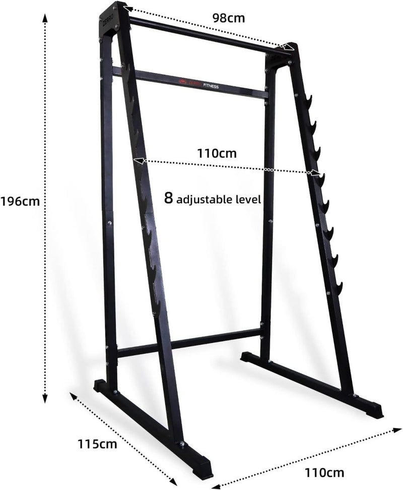 Load image into Gallery viewer, Introductie van de &quot;Word een krachtige krachtpatser met dit squatrek!&quot;: een duurzaam metalen squat rack perfect voor krachttraining. Met een hoogte van 196 cm, een diepte van 115 cm en een breedte van 110 cm met een breedte van de bovenste stang van 98 cm, biedt het 8 verstelbare niveaus, wat het een ideale halterstandaard maakt voor uw fitnessroutine.
