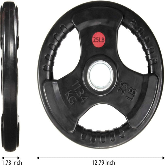 De "Word sterker, fitter en behaal je fitnessdoelen" platen zijn rubberen 2-inch Olympische grip gewichten, gemarkeerd met 25 LB en 11.34 KG in het zwart. Met een diameter van 12.79 inch en een dikte van 1.73 inch, elk met een rode cirkel op de voorkant voor krachttrainingsoefeningen.