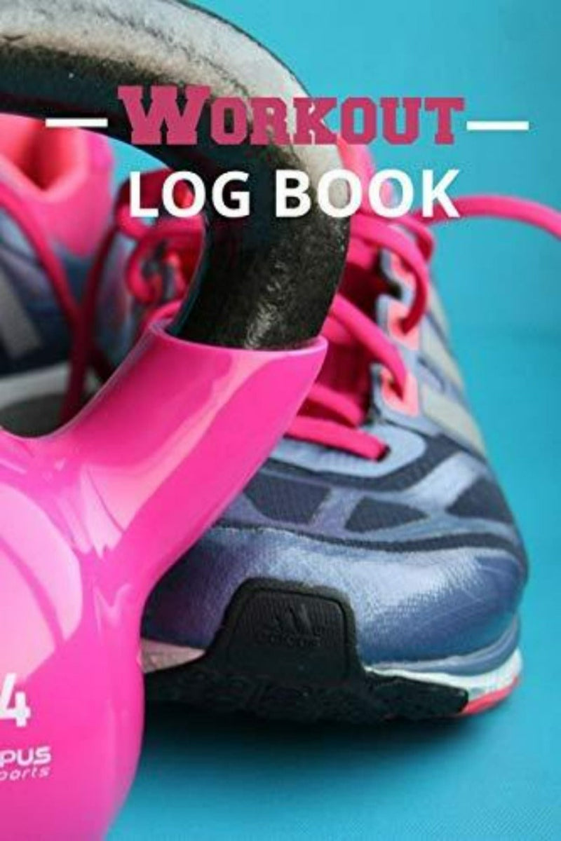 Laad afbeelding in Galerijviewer, Een roze kettlebell en hardloopschoenen met roze veters staan op een blauwgroene achtergrond en tonen de opvallende tekst &#39;Workout Log Book: Weights and Exercise Routine - Kettlebell&#39;. Het is een ideale aanvulling op het bijhouden van trainingen en het behouden van je fitnessdoelen.
