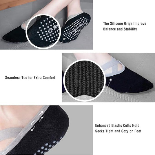Yoga sokken: de perfecte manier om je yogapraktijk te verbeteren. Deze gripsokken hebben siliconen dots voor antislip, een variabele teen voor comfort, en elastische manchetten voor een stevige pasvorm. Het X-vormige riemontwerp biedt zowel stijl als stabiliteit.