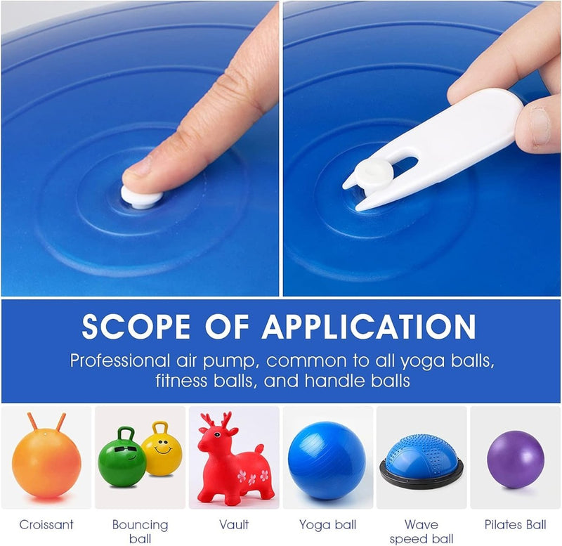 Load image into Gallery viewer, Close-up van een blauwe oefenbal met een witte sproeikop. Hieronder zijn vijf opblaasbare items gelabeld: Croissant, Bouncing ball, Vault, Yoga ball, Wave speed ball en Pilates ball. Het Yogabal luchtstop-systeem zorgt voor veelzijdigheid en duurzaamheid door lekken te voorkomen voor eenvoudig opblazen en leeglopen.
